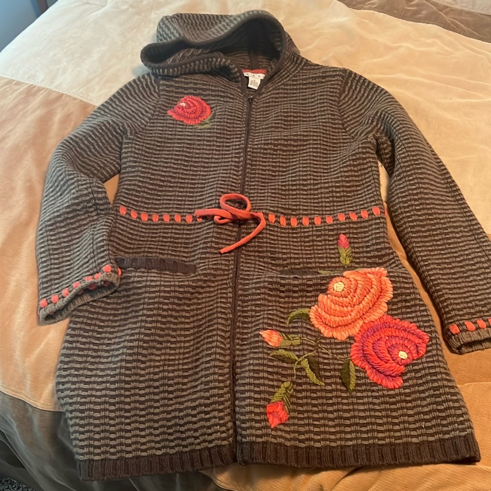 CAbi Wool Blend Sage Green Hooded Cardigan with Floral Embroidery Sz M